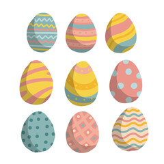 Set of Easter eggs with different texture isolated on a white background. Spring holiday celebration elements. Vector flat hand drawn Illustration. Happy easter egg.
