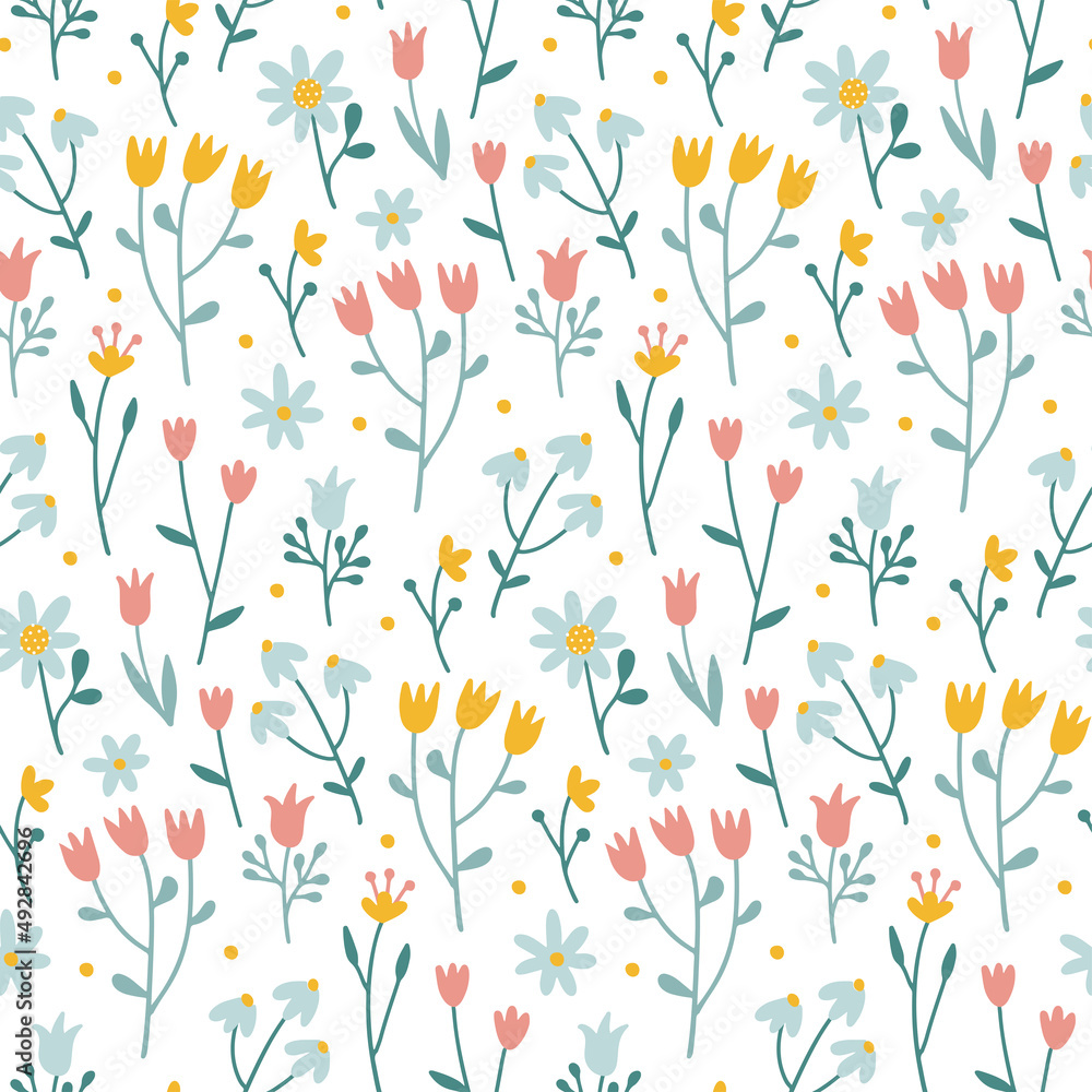 Poster seamless pattern with flowers in folk hand drawn style. botanical ornament with minimalistic element