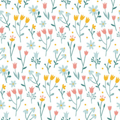 Seamless pattern with flowers in folk hand drawn style. Botanical ornament with minimalistic elements in trendy pastel color. Simple vector repeating texture. Modern swatch. Flat vector illustration.