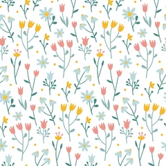 Printed kitchen splashbacks Pastel Seamless pattern with flowers in folk hand drawn style. Botanical ornament with minimalistic elements in trendy pastel color. Simple vector repeating texture. Modern swatch. Flat vector illustration.