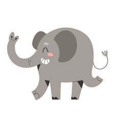 Cute african elephant waving trunk, funny comic animal dancing and smiling, cute cartoon character for nursery, isolated vector illustration in scandi style.