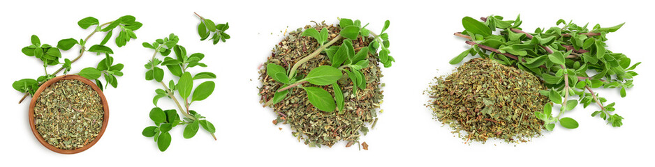 Oregano or marjoram leaves fresh and dry isolated on white background. Top view. Flat lay. Set or...