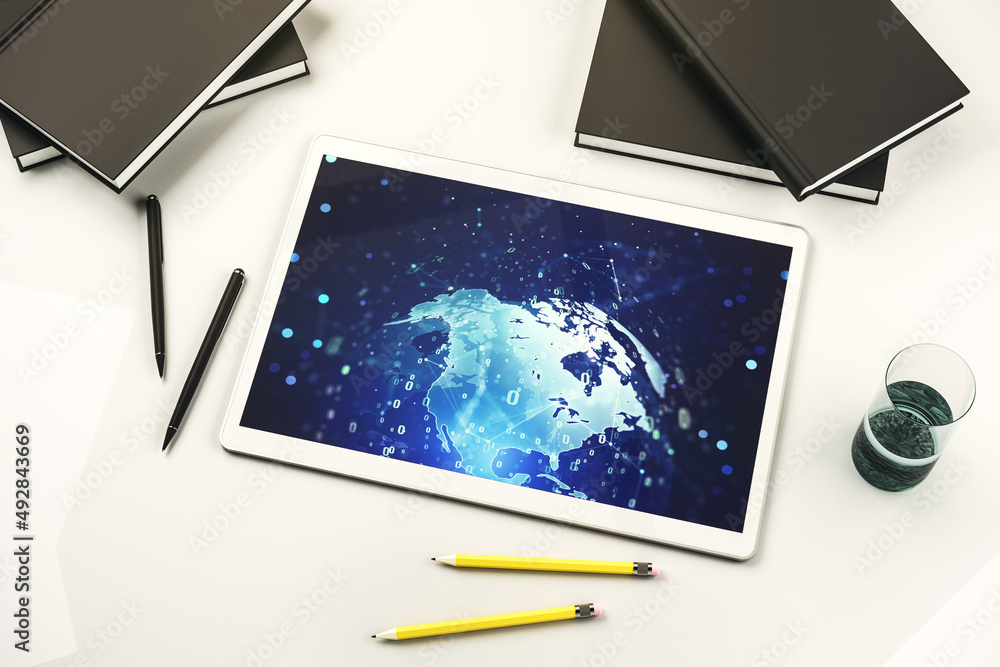 Poster abstract creative coding illustration with world map on modern digital tablet display, international