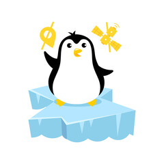 Penguin on an ice floe. Connection is lost. Mascot cartoon vector illustration.