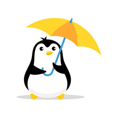 Penguin with an umbrella. Guarantee protection. Mascot cartoon vector illustration.