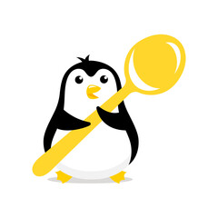 Penguin with large spoon. Mascot cartoon vector illustration.