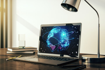 Computer monitor with abstract graphic digital world map with connections, globalization concept....