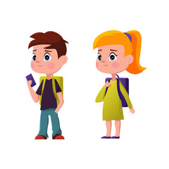 Two schoolchildren are standing isolated on a white background. Little boy and girl. Vector illustration in a cartoon style.