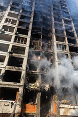 War in Ukraine. Damaged residential building in Kyiv