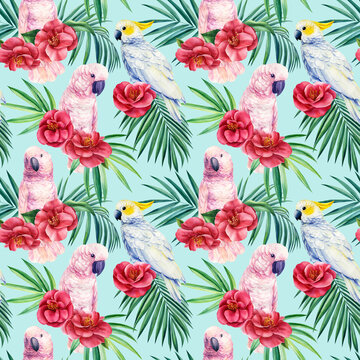 Seamless pattern, tropical leaves and parrots cockatoo. Watercolor wildlife illustration, blue background