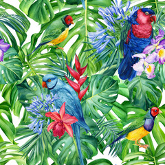 Palm leaves, tropical flowers orchid and parrots watercolor botanical. Seamless patterns.