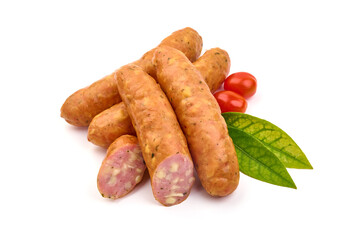 Smoked pork sausages with cheese, isolated on white background.