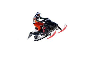 jump with snowmobile, isolated white - 492846014