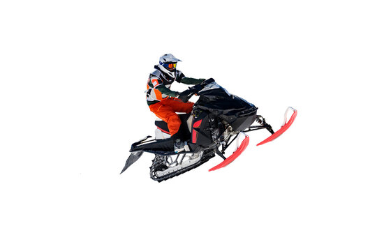 jump with snowmobile, isolated white