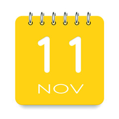 11 day of the month. November. Cute yellow calendar daily icon. Date day week Sunday, Monday, Tuesday, Wednesday, Thursday, Friday, Saturday. Cut paper. White background. Vector illustration.