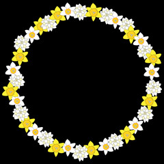 A round frame of yellow daffodil flowers with black background