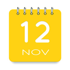 12 day of the month. November. Cute yellow calendar daily icon. Date day week Sunday, Monday, Tuesday, Wednesday, Thursday, Friday, Saturday. Cut paper. White background. Vector illustration.