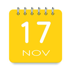 17 day of the month. November. Cute yellow calendar daily icon. Date day week Sunday, Monday, Tuesday, Wednesday, Thursday, Friday, Saturday. Cut paper. White background. Vector illustration.