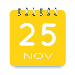 25 day of the month. November. Cute yellow calendar daily icon. Date day week Sunday, Monday, Tuesday, Wednesday, Thursday, Friday, Saturday. Cut paper. White background. Vector illustration.