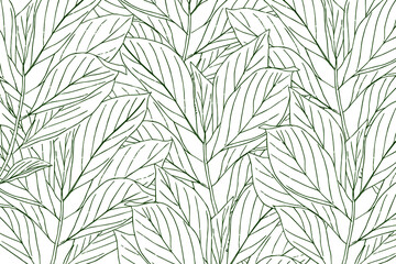 Hand drawn tropical leaves line art drawing background, Jungle palm trees seamless pattern, Trendy organic exotic leaves design for fabric, wrapping paper, poster, cover, prints. Vector illustration.