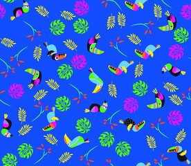 Obraz na płótnie Canvas cartoon leaves and toucan pattern summer prints