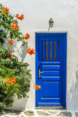 Fototapeta na wymiar Blue Door in White Wall With Orange Flowers.