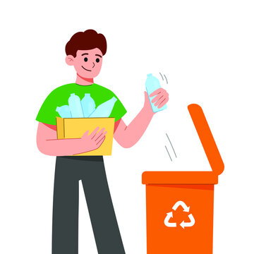 Man collecting plastic trash into recycling garbage bin. Character sorting the garbage. Plastic pollution problem concept. Flat cartoon vector illustration.
