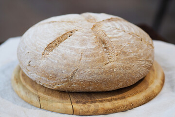 fresh homemade bread on a wooden board close up