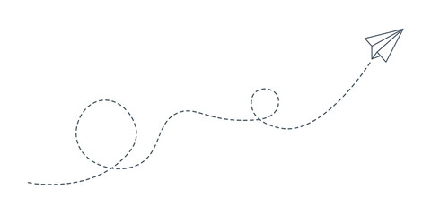 Paper plane path icon. Loop route. The flight path is indicated by a dotted line. Vector illustration.
