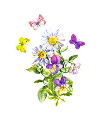 Summer bouquet of meadow flowers and butterflies. Watercolor illustration