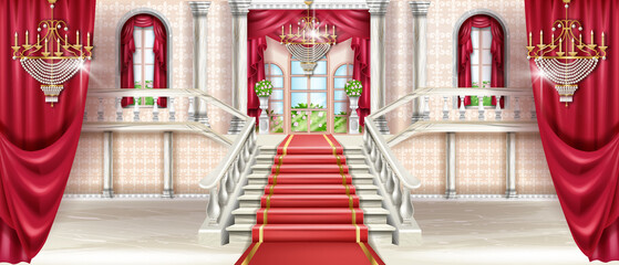 Palace interior background, vector castle ballroom hall, medieval royal kingdom room illustration. Marble staircase, rococo golden chandelier, luxury red carpet, curtain window. Palace interior - obrazy, fototapety, plakaty