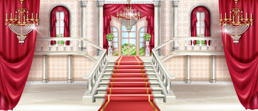 Palace interior background, vector castle ballroom hall, medieval royal kingdom room illustration. Marble staircase, rococo golden chandelier, luxury red carpet, curtain window. Palace interior