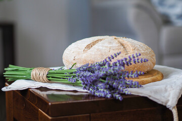 fresh homemade bread on a wooden board close up
