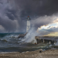 Fototapeta na wymiar Storm Raging at Historical Sodus Point Lighthouse, NY
