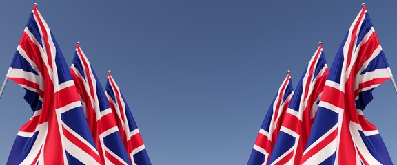 Fototapeta na wymiar Flags of Great Britain on flagpoles on sides. Flags on a blue background. Place for text. England, London. The United Kingdom. Commonwealth. 3D illustration.