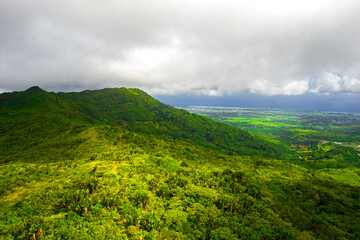 Aerial view of Piton Savanne with view of the south coast of Mauritius island