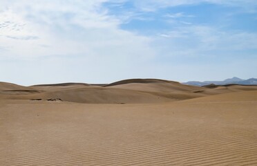 Fototapeta na wymiar Las dunas costeras de la playa de Maspalomas, isla de Gran Canaria, España. Paisaje desértico y costero diseñado por el efecto del viento sobre la arena.