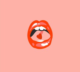 Hand drawn vector abstract stock flat graphic illustration print with retro ,vintage boho modern female mouth red lips with heart on tongue on color background.