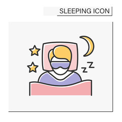 Sleep color icon. Person dreams in comfortable bed with blanket and pillow. Sleep mask. Night time. Dreams.Sleeping concept. Isolated vector illustration
