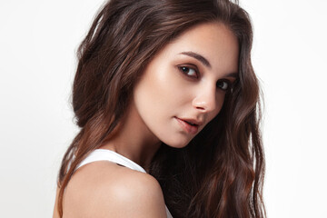 Fototapeta premium Beautiful girl with perfect skin in white lingerie closeup