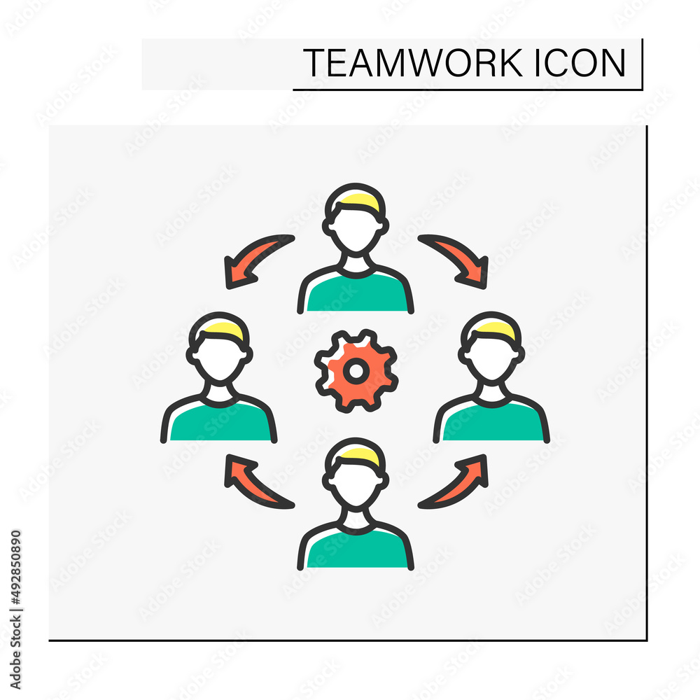 Poster cooperation color icon. cooperation mechanisms between workers. discussion, collaboration, common pr