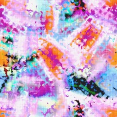 Obraz na płótnie Canvas Messy summer tie dye batik beach wear pattern. Seamless colorful stain space dyed effect fashion. Washed out soft furnishing background. 