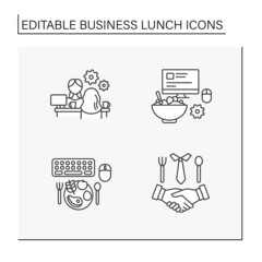 Business lunch line icons set. Working meeting at lunchtime. Job interview. Discussion between workers. Talking concept. Isolated vector illustration. Editable stroke