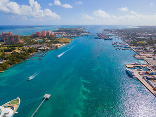 Aerial view of Nassau Harbour with Paradise Island on the left and Nassau downtown on the right,...
