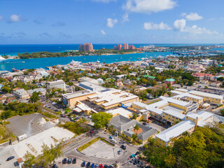 Nassau historic downtown aerial view and Nassau Harbour with Paradise Island at the background, Nassau, New Providence Island, Bahamas.  