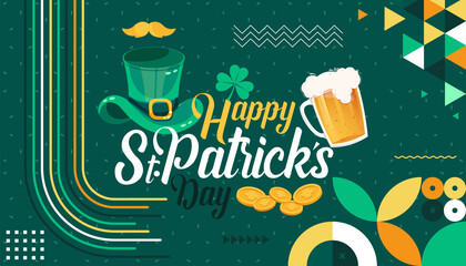 Happy Saint Patrick's day banner with St. Patrick icons like bear glass, cap, gold coins, mustache and shamrock leaf etc. St patricks green theme design with modern retro abstract Irish background.  