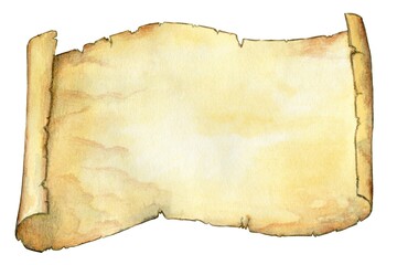 Cartoon vintage parchment scroll twisted at the edges, hand-drawn watercolor painting