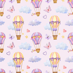watercolor seamless pattern with pink hot air balloon