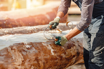 Preparation of timber for construction of log wooden houses. Carpenter removes bark from tree to...