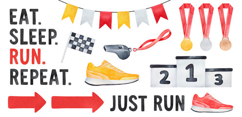 Watercolour illustration collection of various sport symbols, text messages, arrows, garland, podium, trophy awards, sport shoes and whistle. Hand painted drawing, cut out clipart elements for design.